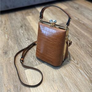 Elegant Brown Crocodile-Embossed Jeweled Handbag